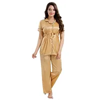 Zionity Women's Satin Button Down T-Shirt & Pyjama Set Beige-thumb1