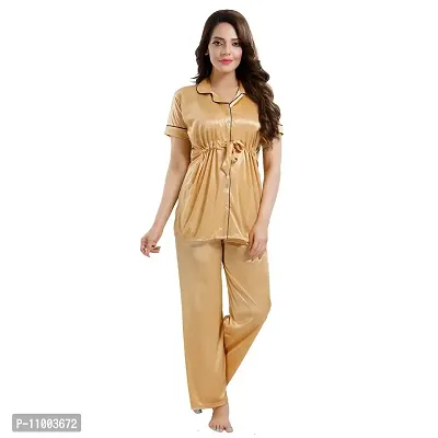 Zionity Women's Satin Button Down T-Shirt & Pyjama Set Beige-thumb2