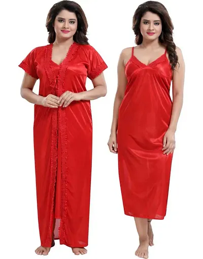 Fancy Solid 2-IN-1 Satin Night Gown With Robe