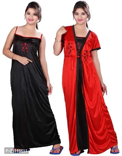 Elegant Black Satin Solid Nighty With Robe For Women-thumb0