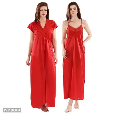 Zionity Nighty with Robe for Women in Red-thumb0