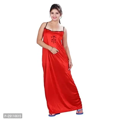 Elegant Red Satin Solid Nighty With Robe For Women-thumb3