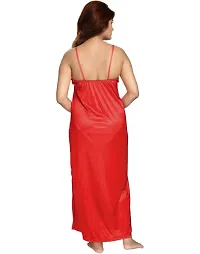 Zionity Women's Satin Full-Length Lace Nighty with Robe/Sleep Wear/Night Gown, Free Size (Red)-thumb3