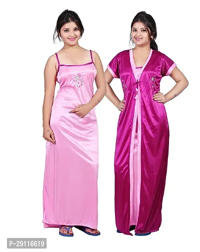 Elegant Pink Satin Solid Nighty With Robe For Women-thumb0