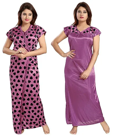 Zionity Women's Satin Solid Maxi Nighty with Robe (ZNT015J12O_Purple_Free Size)