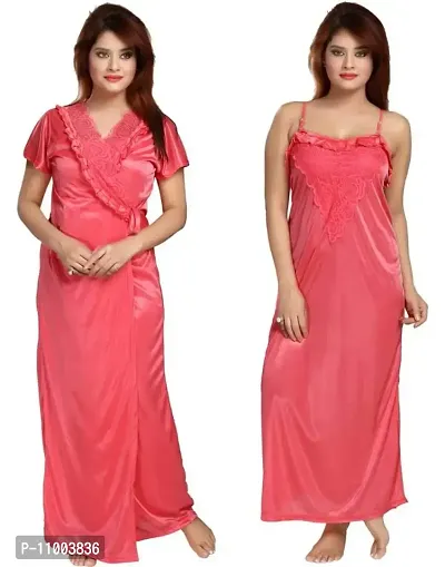 Zionity Women's Satin Full-Length Lace Nighty with Robe/Sleep Wear/Night Gown, Free Size (Pink)-thumb0