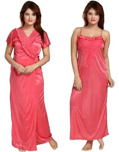 Zionity Women's Satin Full-Length Lace Nighty with Robe/Sleep Wear/Night Gown, Free Size (Red)