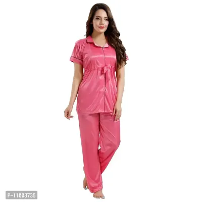 Zionity Women's Satin Button Down T-Shirt & Pyjama Set