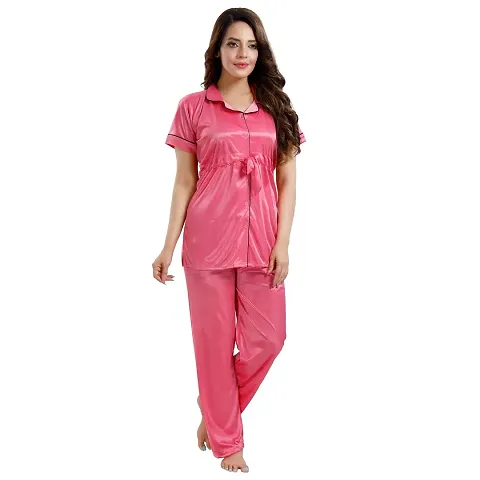 Zionity Women's Satin Button Down T-Shirt & Pyjama Set