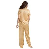 Zionity Women's Satin Button Down T-Shirt & Pyjama Set Beige-thumb2