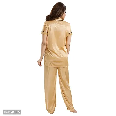 Zionity Women's Satin Button Down T-Shirt & Pyjama Set Beige-thumb3