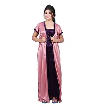 Elegant Purple Satin Solid Nighty With Robe For Women-thumb1