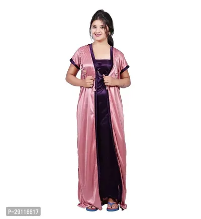 Elegant Purple Satin Solid Nighty With Robe For Women-thumb2