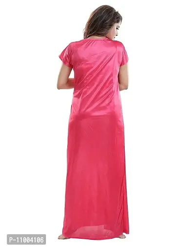 Zionity Women's Satin Full-Length Lace Nighty with Robe/Sleep Wear/Night Gown, Free Size (Hot Pink)-thumb2