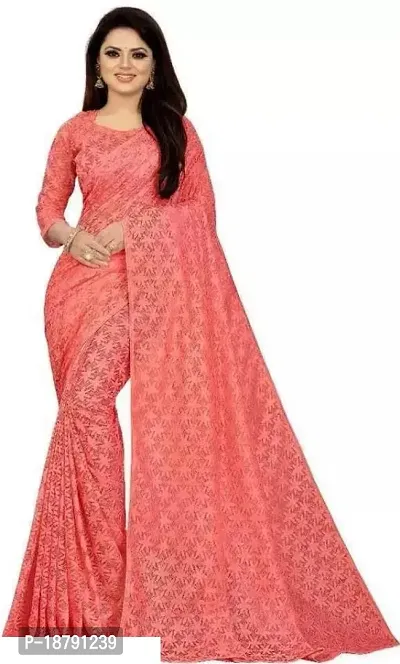 Elegant Peach Net Saree with Blouse piece-thumb0