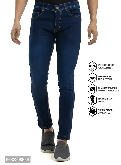 Stylish Denim Blue Slim Fit Mid-Rise Jeans For Men