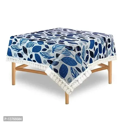 ROYAL - NEST ? 3D Self Design 2 to 4 Seater Printed Black Leaf, Blue Color Table Cover with Lace