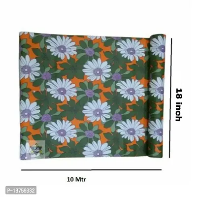 ROYAL-NEST ? Green Color, White Flower Design, Size - 45 x 1000 cm, 10 Meter Rectangular Long Shelf Liner, Sheet Roll / Mat for Drawer, Antislip Mat-thumb0