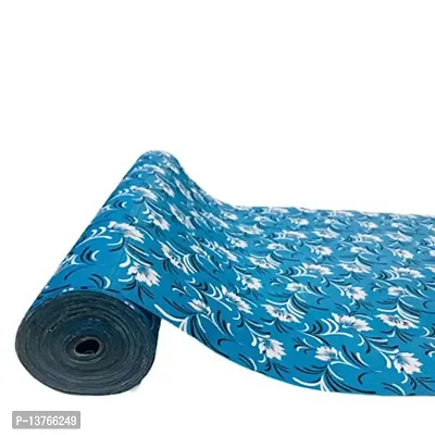 ROYAL-NEST ? Sky Blue Color, Sheet Roll / Mat for Drawer, Antislip Mat, White Flower Design, Size - 45 x 900 cm, 9 Meter Rectangular Long Shelf Liner-thumb0