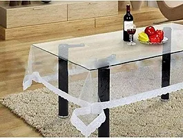 ROYAL-NEST Plastic 8 to 10 Seater Transparent 60 x 108 Table Cover Self Design with Silver Lace-thumb1