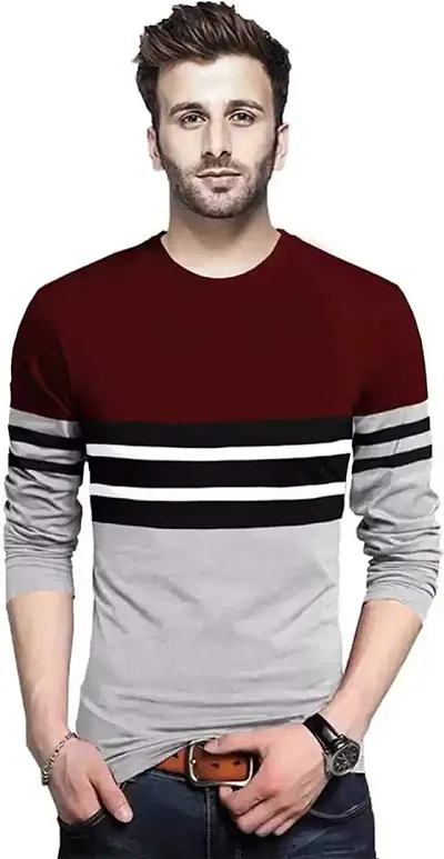WILDIUM Full Sleeves Striped V Neck T-Shirts for Men