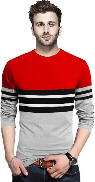 WILDIUM Full Sleeves Striped V Neck T-Shirts for Men (Grey-Red, M)