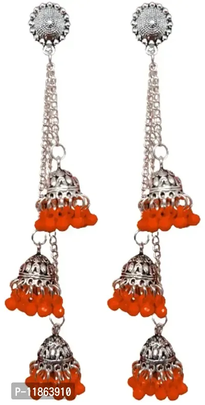 Luxuria German Silver Plated Oxidized Long Chain Tassel Stylish Sparkling Emerald Latest Fashion Designer Afghani Ghunghru Traditional Jhumka Jhumki Earrings For Women and Girls (Orange)-thumb0