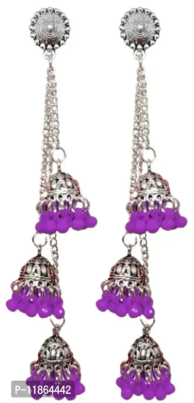 Luxuria German Silver Plated Oxidized Long Chain Tassel Stylish Sparkling Emerald Latest Fashion Designer Afghani Ghunghru Traditional Jhumka Jhumki Earrings For Women and Girls (Purple)