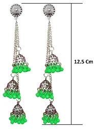 Luxuria German Silver Plated Oxidized Long Chain Tassel Stylish Sparkling Emerald Latest Fashion Designer Afghani Ghunghru Traditional Jhumka Jhumki Earrings For Women and Girls (Light Green)-thumb2