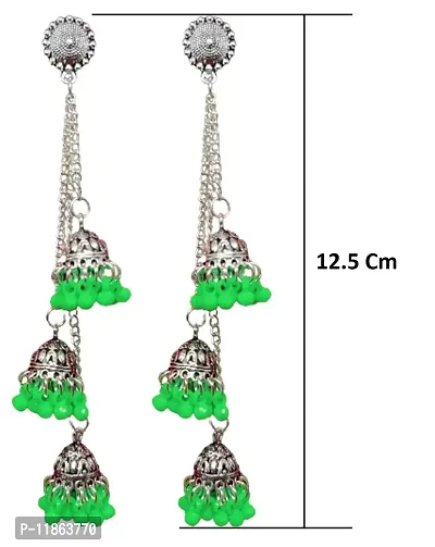 Luxuria German Silver Plated Oxidized Long Chain Tassel Stylish Sparkling Emerald Latest Fashion Designer Afghani Ghunghru Traditional Jhumka Jhumki Earrings For Women and Girls (Light Green)-thumb3