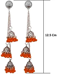 Luxuria German Silver Plated Oxidized Long Chain Tassel Stylish Sparkling Emerald Latest Fashion Designer Afghani Ghunghru Traditional Jhumka Jhumki Earrings For Women and Girls (Orange)-thumb2