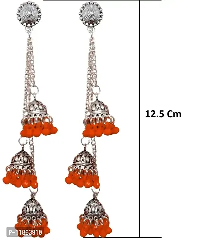 Luxuria German Silver Plated Oxidized Long Chain Tassel Stylish Sparkling Emerald Latest Fashion Designer Afghani Ghunghru Traditional Jhumka Jhumki Earrings For Women and Girls (Orange)-thumb3