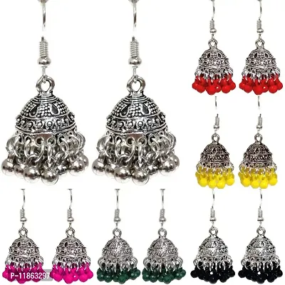 Combo Pack Silver Oxidised Jhumka Jhumki Stylish Fancy Ethnic Designer Traditional Earrings For Women And Girls (Set of 6 (Dark Pink, Green, Yellow, Red, Black, Silver))-thumb0