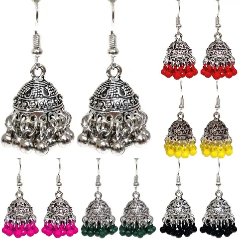 Combo Pack Oxidised Jhumka Jhumki Stylish Fancy Ethnic Designer Traditional Earrings For Women And Girls (Set of (Dark Pink, Green, Yellow, Red, Black, Silver))