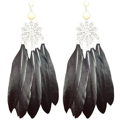 Weariton Long Feather Tassel Light Weight Vintage Bohemian Fancy Stylish Earrings For Women (Black)