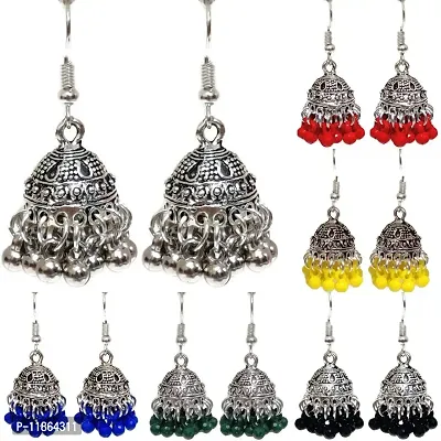 Combo Pack Silver Oxidised Jhumka Jhumki Stylish Fancy Ethnic Designer Traditional Earrings For Women And Girls (Set of 6 (Royal Blue, Green, Yellow, Red, Black, Silver))-thumb0