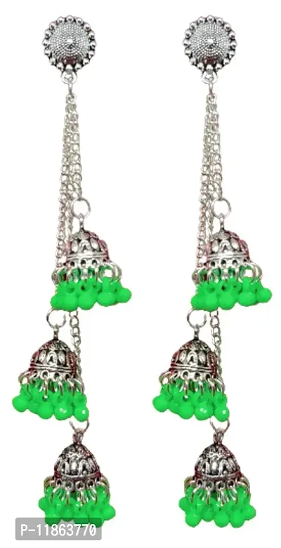 Luxuria German Silver Plated Oxidized Long Chain Tassel Stylish Sparkling Emerald Latest Fashion Designer Afghani Ghunghru Traditional Jhumka Jhumki Earrings For Women and Girls (Light Green)-thumb0