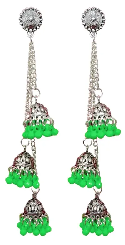 Luxuria German Plated Oxidized Long Chain Tassel Stylish Sparkling Emerald Latest Fashion Designer Afghani Ghunghru Traditional Jhumka Jhumki Earrings For Women and Girls (Light Green)