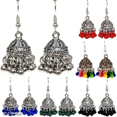 Combo Pack Silver Oxidised Jhumka Jhumki Stylish Fancy Ethnic Designer Traditional Earrings For Women And Girls (Set of 6 (Royal Blue, Green, Red, Black, Silver, Multicolor))-thumb0