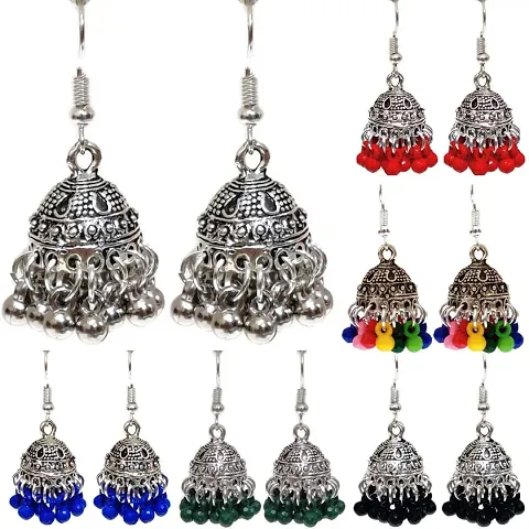 Combo Pack Oxidised Jhumka Jhumki Stylish Fancy Ethnic Designer Traditional Earrings For Women And Girls (Set of (Dark Pink, Green, Yellow, Red, Black, Silver))