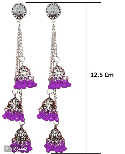 Luxuria German Silver Plated Oxidized Long Chain Tassel Stylish Sparkling Emerald Latest Fashion Designer Afghani Ghunghru Traditional Jhumka Jhumki Earrings For Women and Girls (Purple)-thumb3