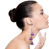 Luxuria German Silver Plated Oxidized Long Chain Tassel Stylish Sparkling Emerald Latest Fashion Designer Afghani Ghunghru Traditional Jhumka Jhumki Earrings For Women and Girls (Purple)-thumb1