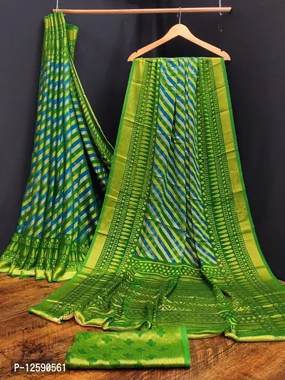 Stylish Chiffon Green Striped  Women Saree with Blouse piece-thumb0