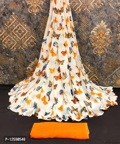 Stylish Georgette Orange Printed  Women Saree with Blouse piece