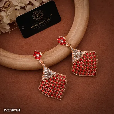 Trendy Red Brass American Diamond Drop Earrings For Women-thumb2