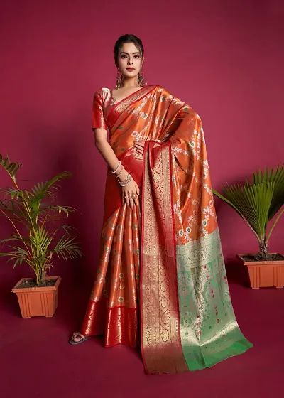 Womens Soft Kanjivaram Silk Blend Saree With Blouse Piece