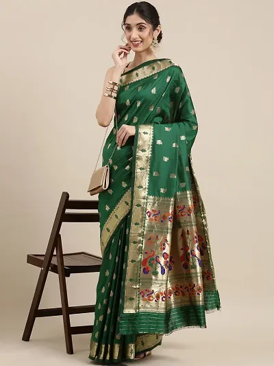 Womens Paithani Silk Saree With Unstitched Blouse Piece