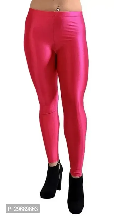 Stylish Shiny Pink Nylon Solid Leggings For Women-thumb0