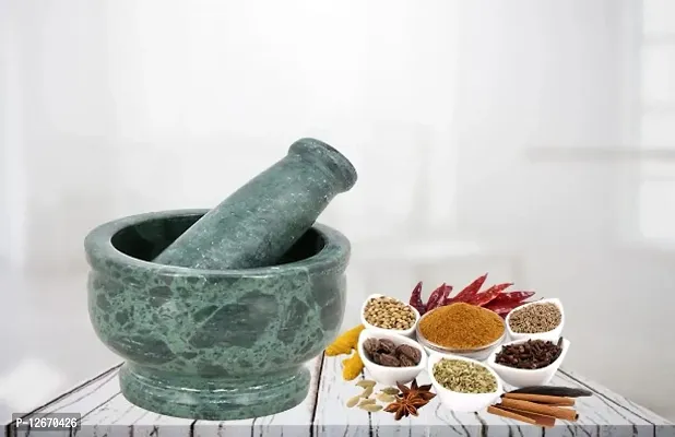 Chitrakshi Collections Hygenic Green Mable Mortar  Pestle,Ayurvedic Medicine Crusher,Spice Mixer, Okhli  Musal,Kharal for Kitchen 4 inch Marble Masher-thumb2