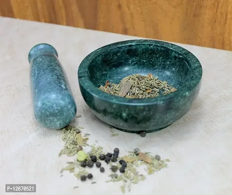 Green Mortar and Pestle Set as Natural Stone Spice, Medicine Grinder Masher - Kharad, Khallad, Okhli And Musal-thumb2